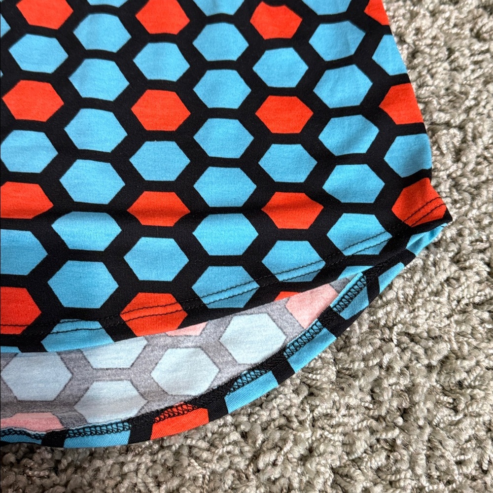 LuLaRoe Blue & Orange Hexagon Print Mae Girls' Dress (12) - Picture 2 of 7